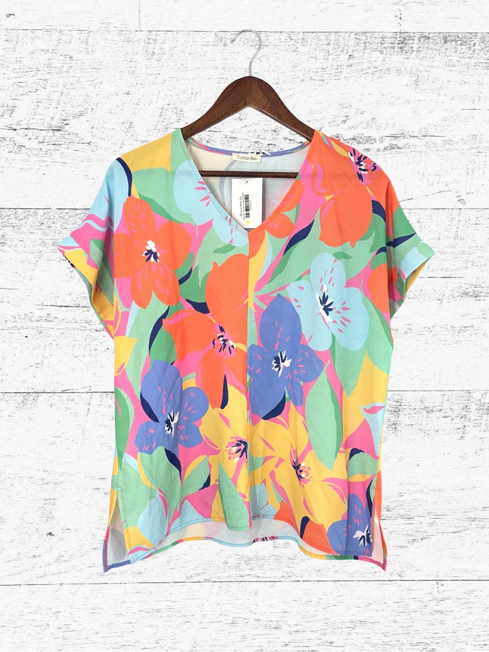 Cotton Blend Floral V-Neck Blouse - Multi